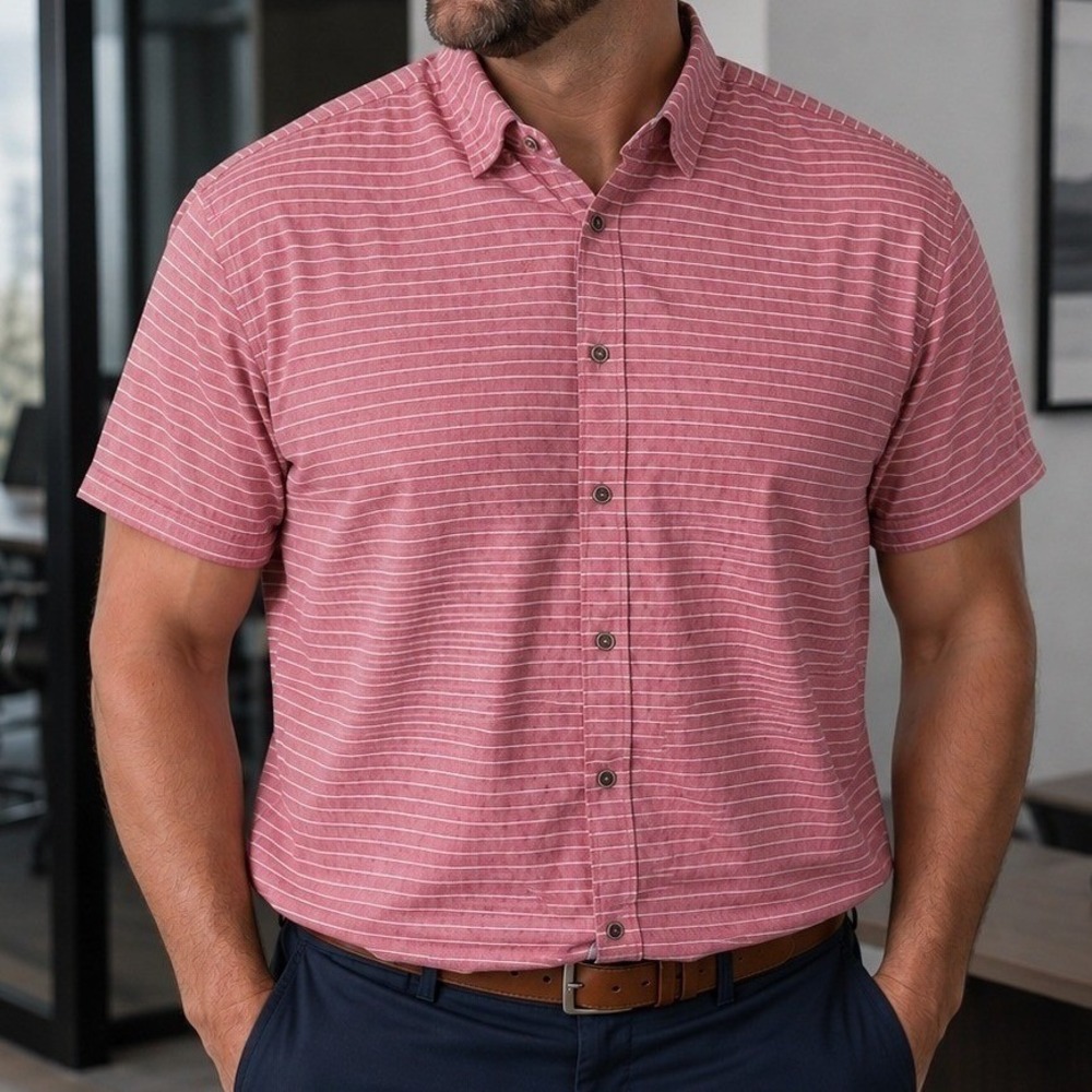 Charleston Threads Mens Large Pink Striped Linen Cotton Short Sleeve Button Down